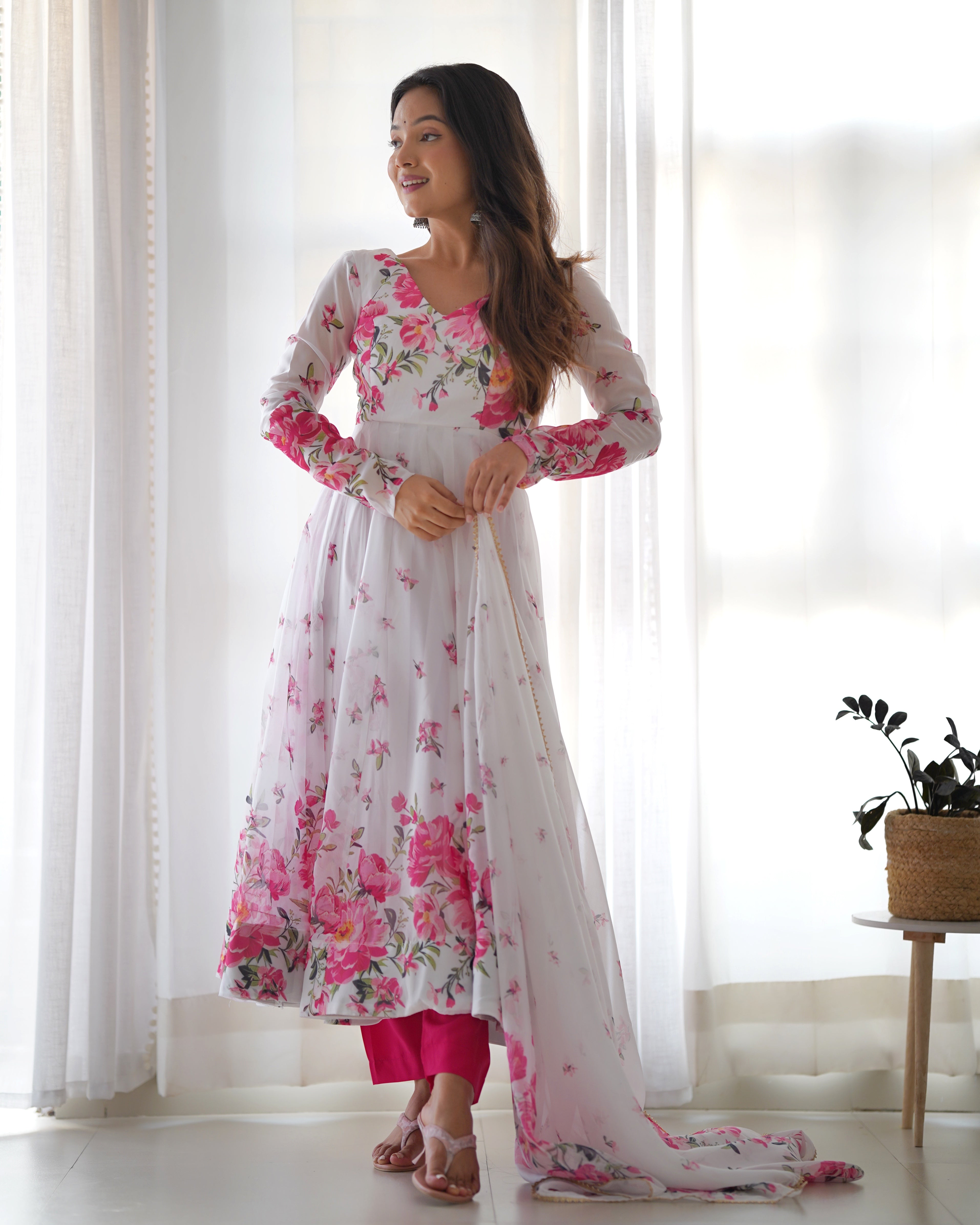 FLORAL-Fully Stitched Ready To Wear Pure Soft Organza Silk Fabric Fully Flair Anarkali Gown Set.