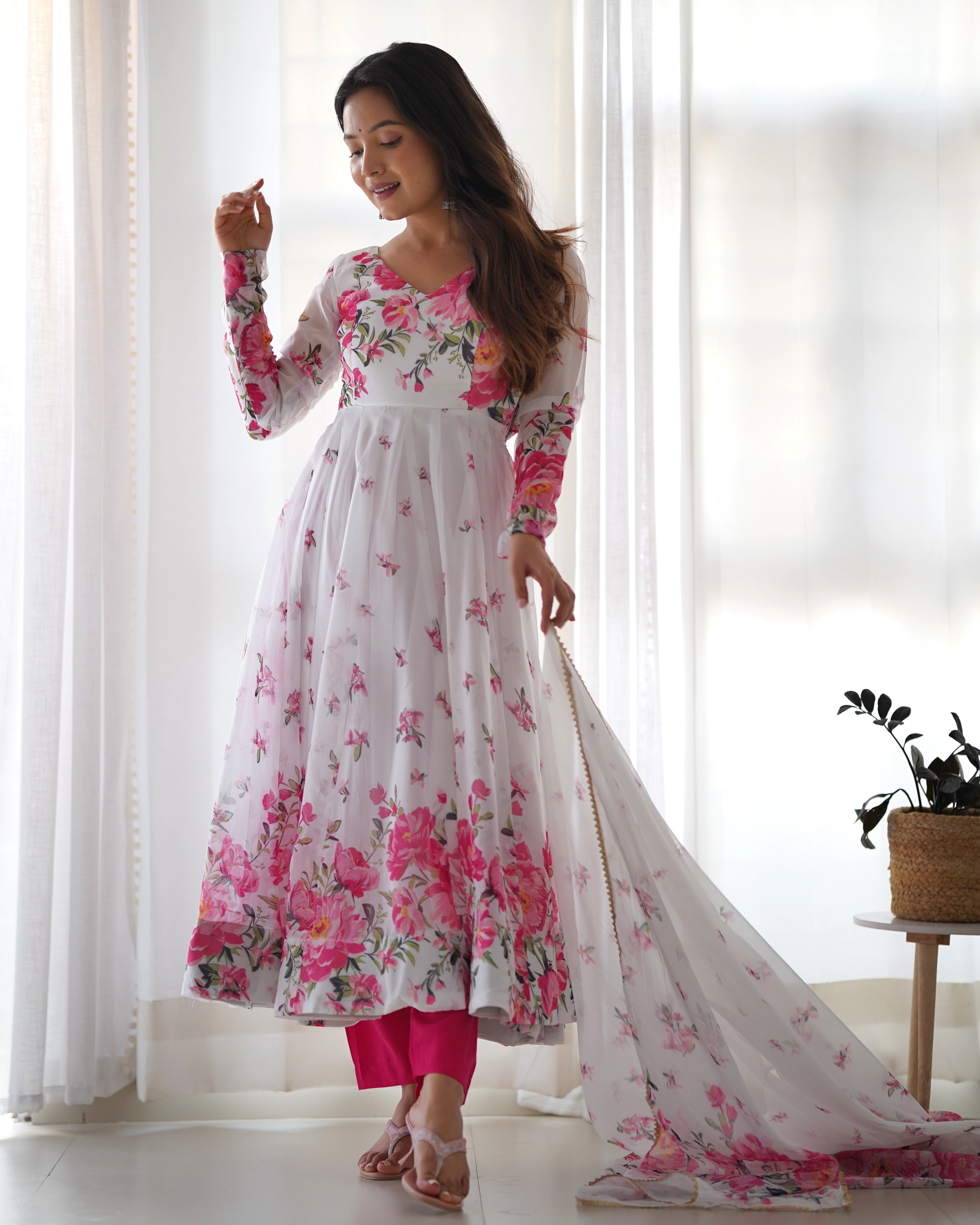 FLORAL-Fully Stitched Ready To Wear Pure Soft Organza Silk Fabric Fully Flair Anarkali Gown Set.