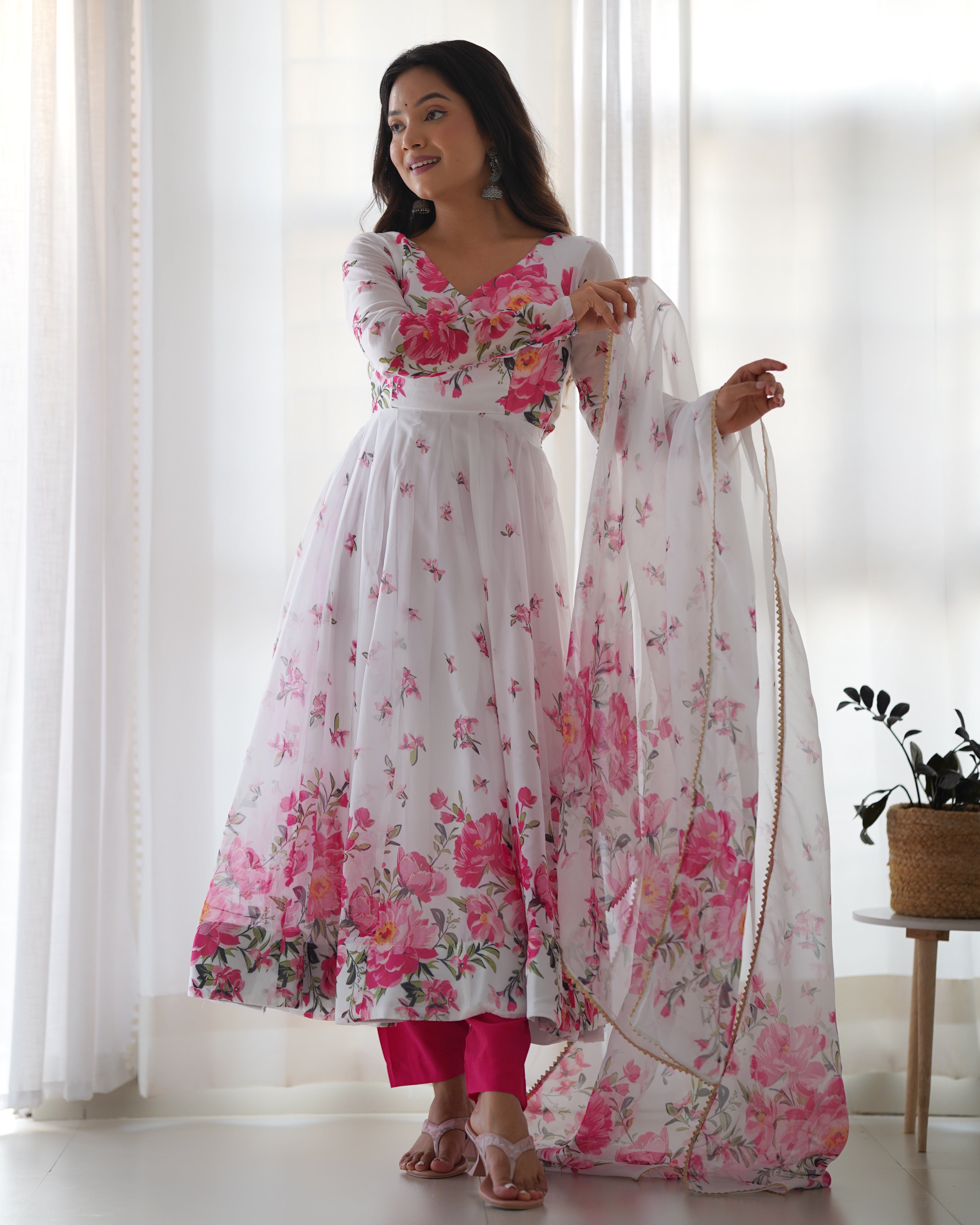 FLORAL-Fully Stitched Ready To Wear Pure Soft Organza Silk Fabric Fully Flair Anarkali Gown Set.