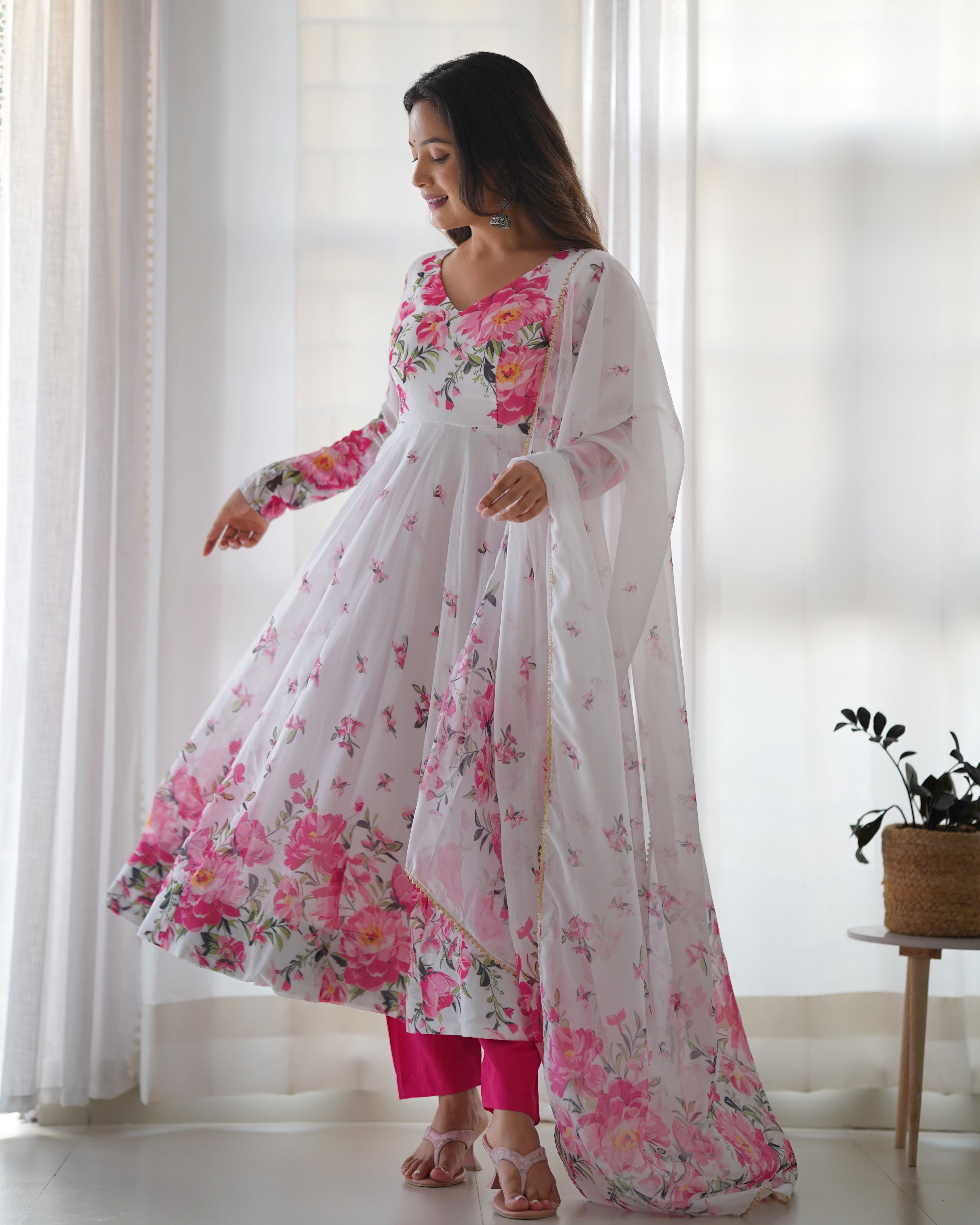 FLORAL-Fully Stitched Ready To Wear Pure Soft Organza Silk Fabric Fully Flair Anarkali Gown Set.