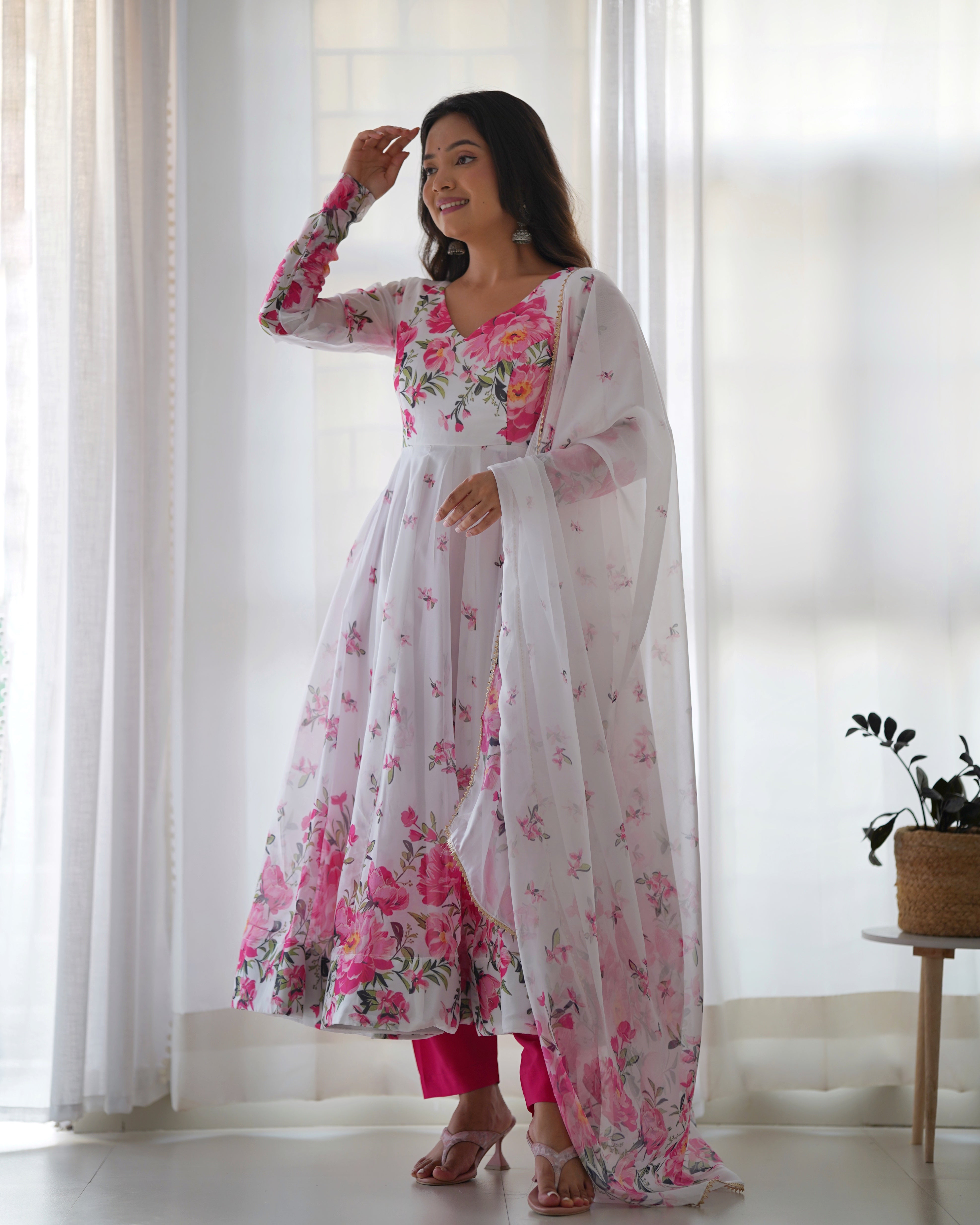 FLORAL-Fully Stitched Ready To Wear Pure Soft Organza Silk Fabric Fully Flair Anarkali Gown Set.