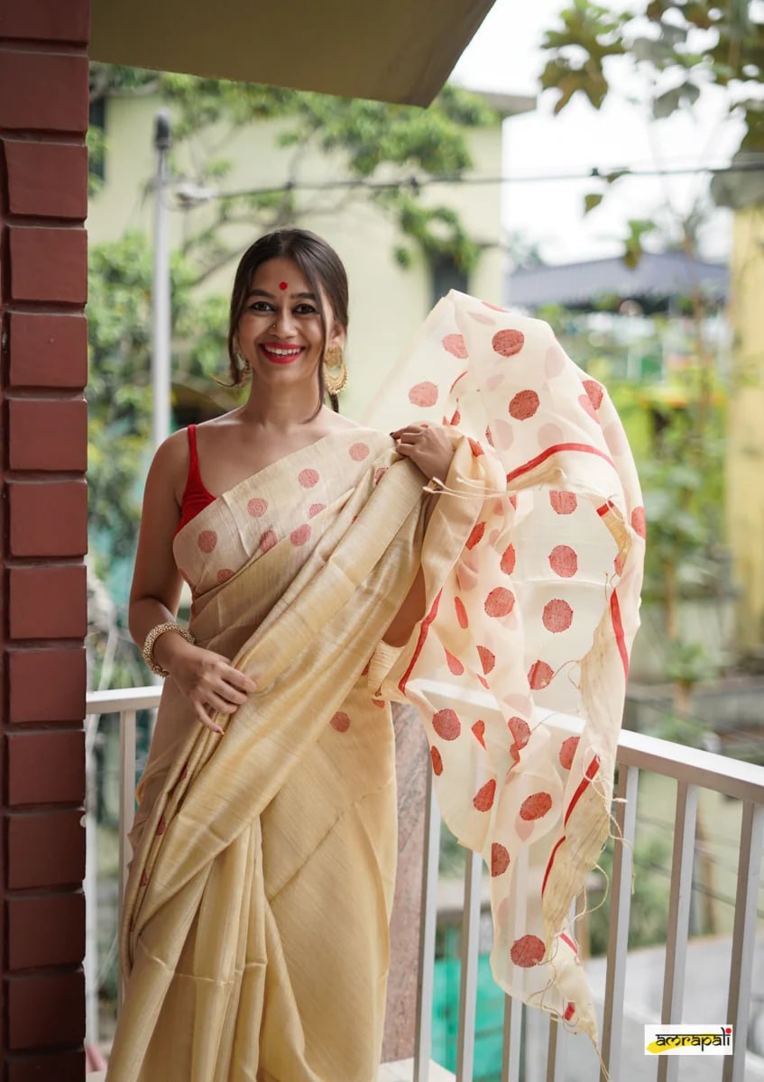 Beige and Maroon Insta Cotton Saree