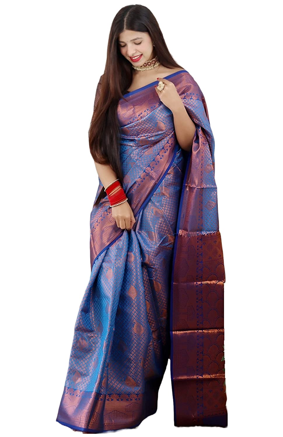 Sky Blue and Red JQC Kanjivaram Silk Saree