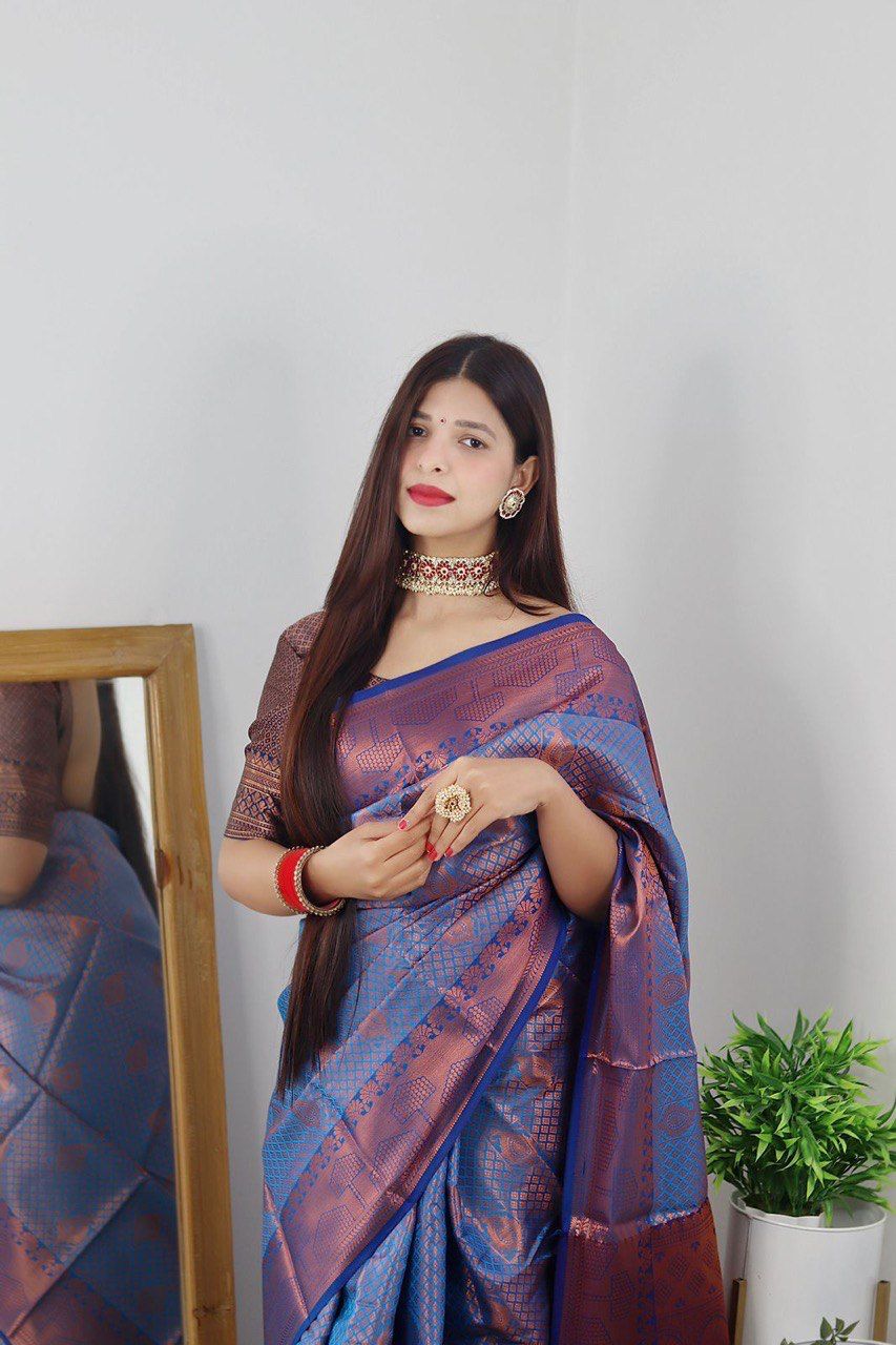 Sky Blue and Red JQC Kanjivaram Silk Saree