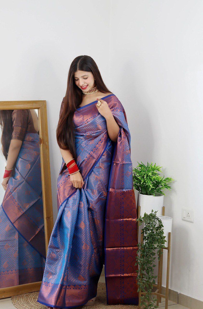 Sky Blue and Red JQC Kanjivaram Silk Saree