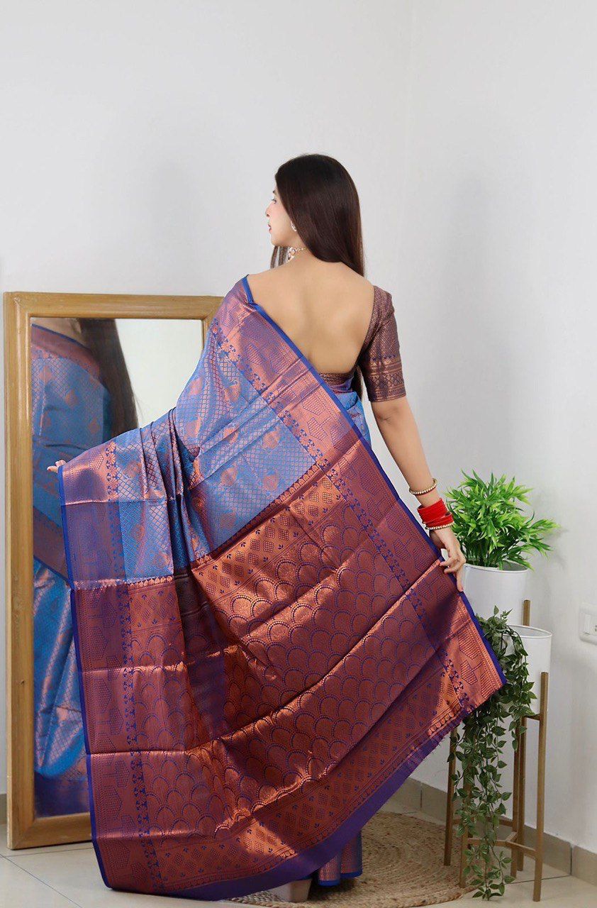 Sky Blue and Red JQC Kanjivaram Silk Saree