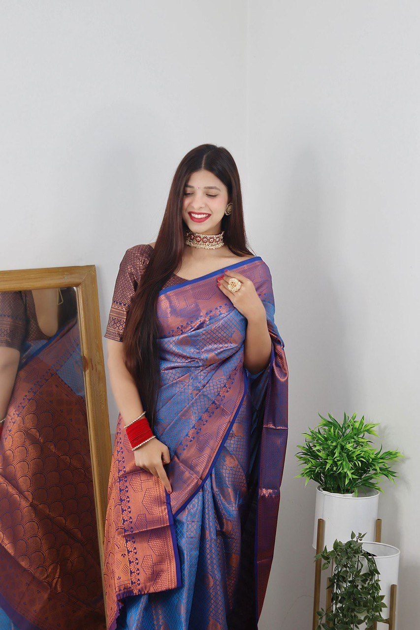 Sky Blue and Red JQC Kanjivaram Silk Saree