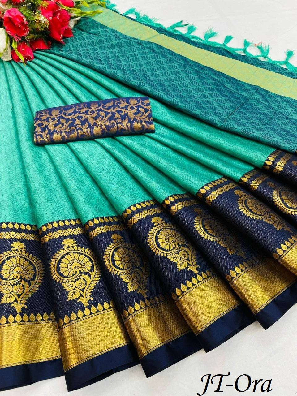 Aqua Blue Golden Design JT Cotton Silk Saree