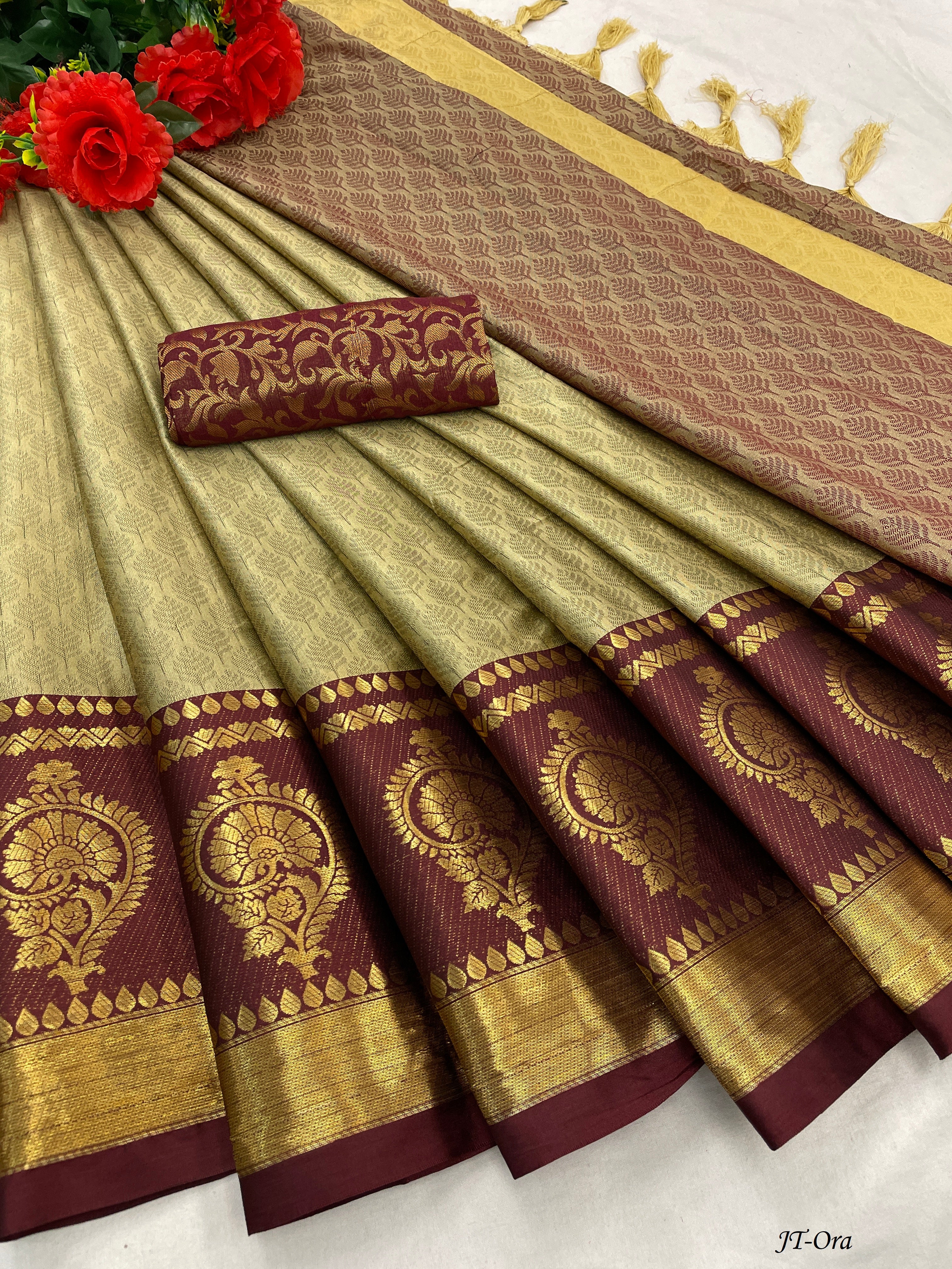 Chiku Brown Golden Design JT Cotton Silk Saree