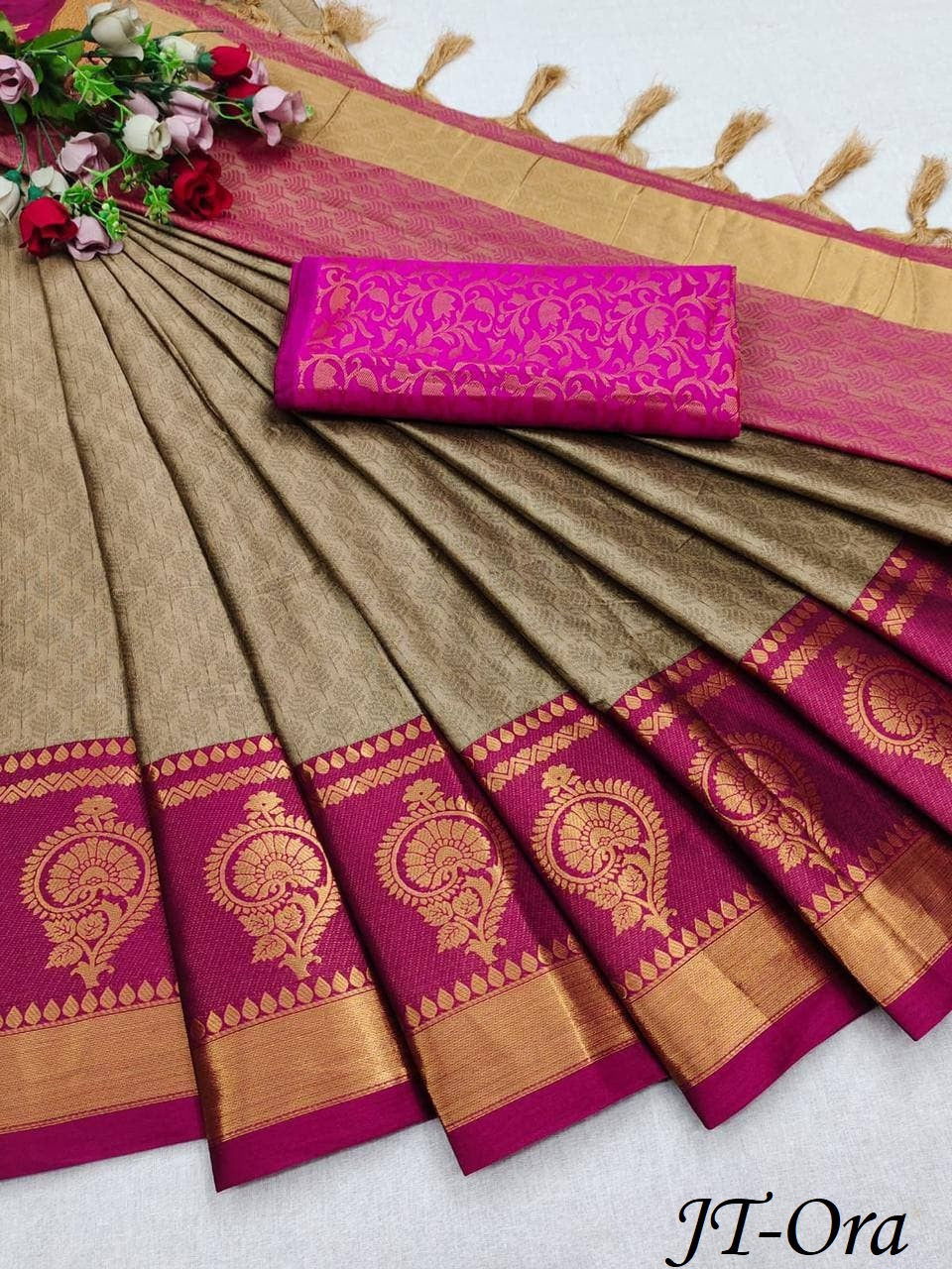 Chiku Pink Golden Design JT Cotton Silk Saree