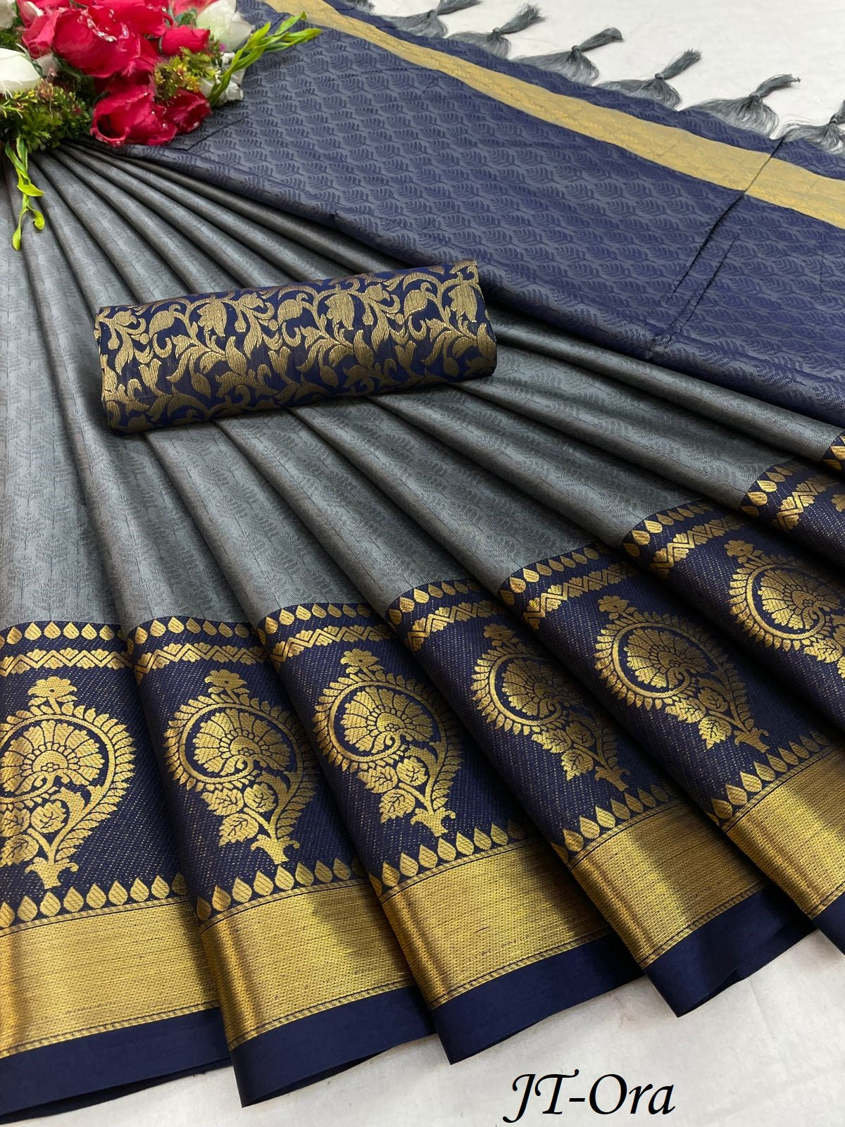 Grey Navy Blue Golden Design JT Cotton Silk Saree