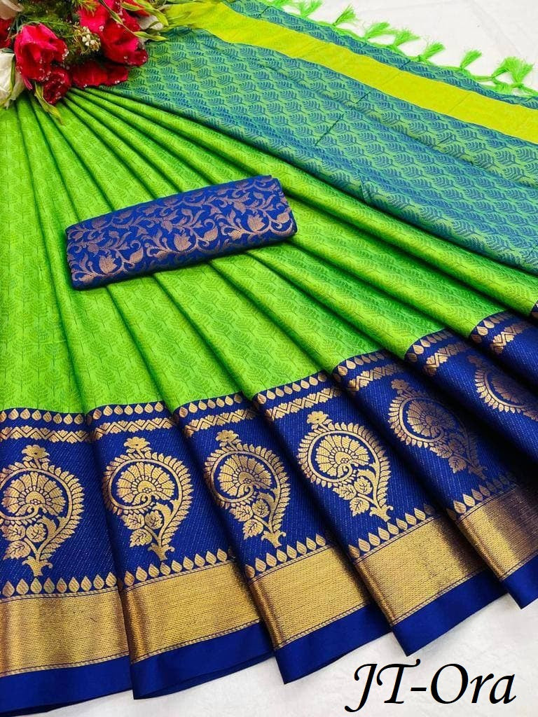 Perrot Navy Blue Golden Design JT Cotton Silk Saree