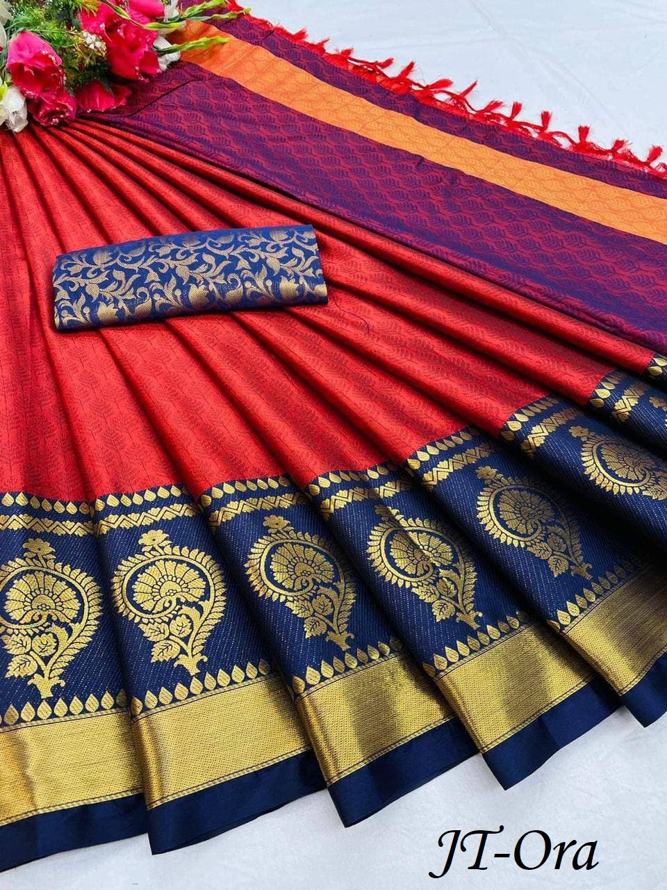 Red Navy Blue Golden Design JT Cotton Silk Saree