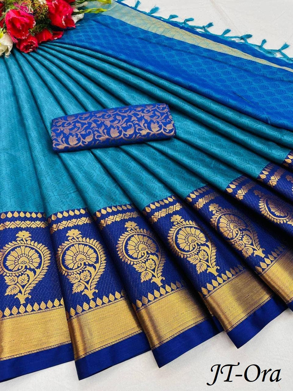 Sky Blue Golden Design JT Cotton Silk Saree