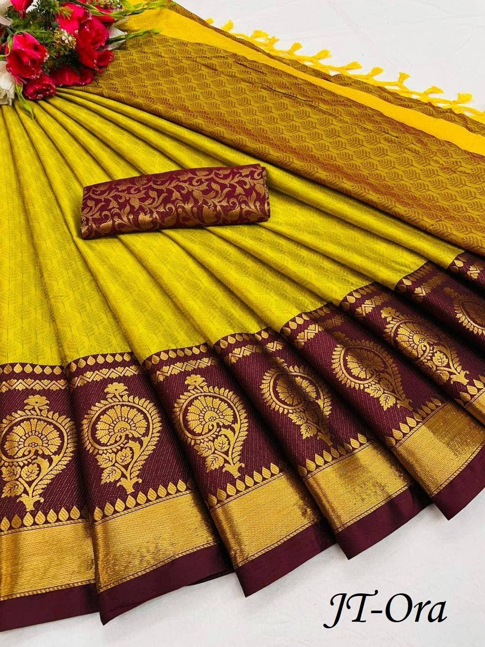 Yellow Brown Golden Design JT Cotton Silk Saree