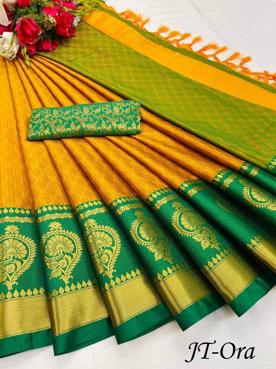 Yellow Green Golden Design JT Cotton Silk Saree