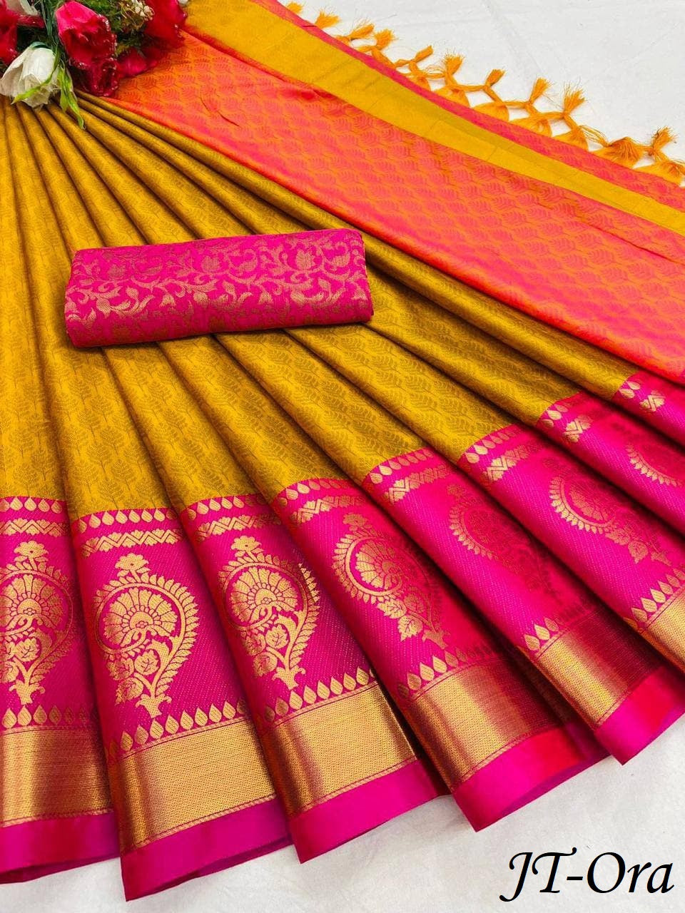 Yellow Pink Golden Design JT Cotton Silk Saree