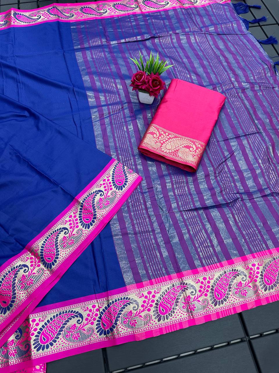 Blue and Pink Silver Copper Design Janvi Pure Silk Saree