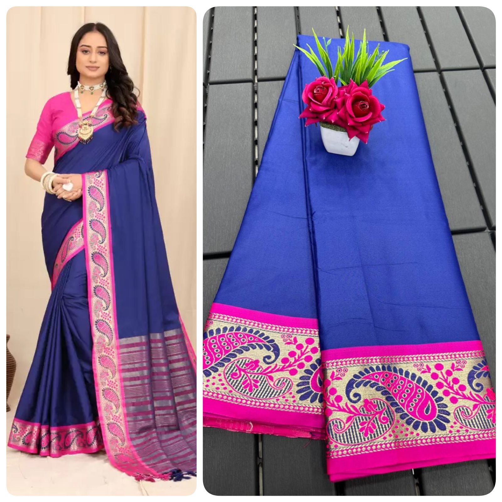 Blue and Pink Silver Copper Design Janvi Pure Silk Saree