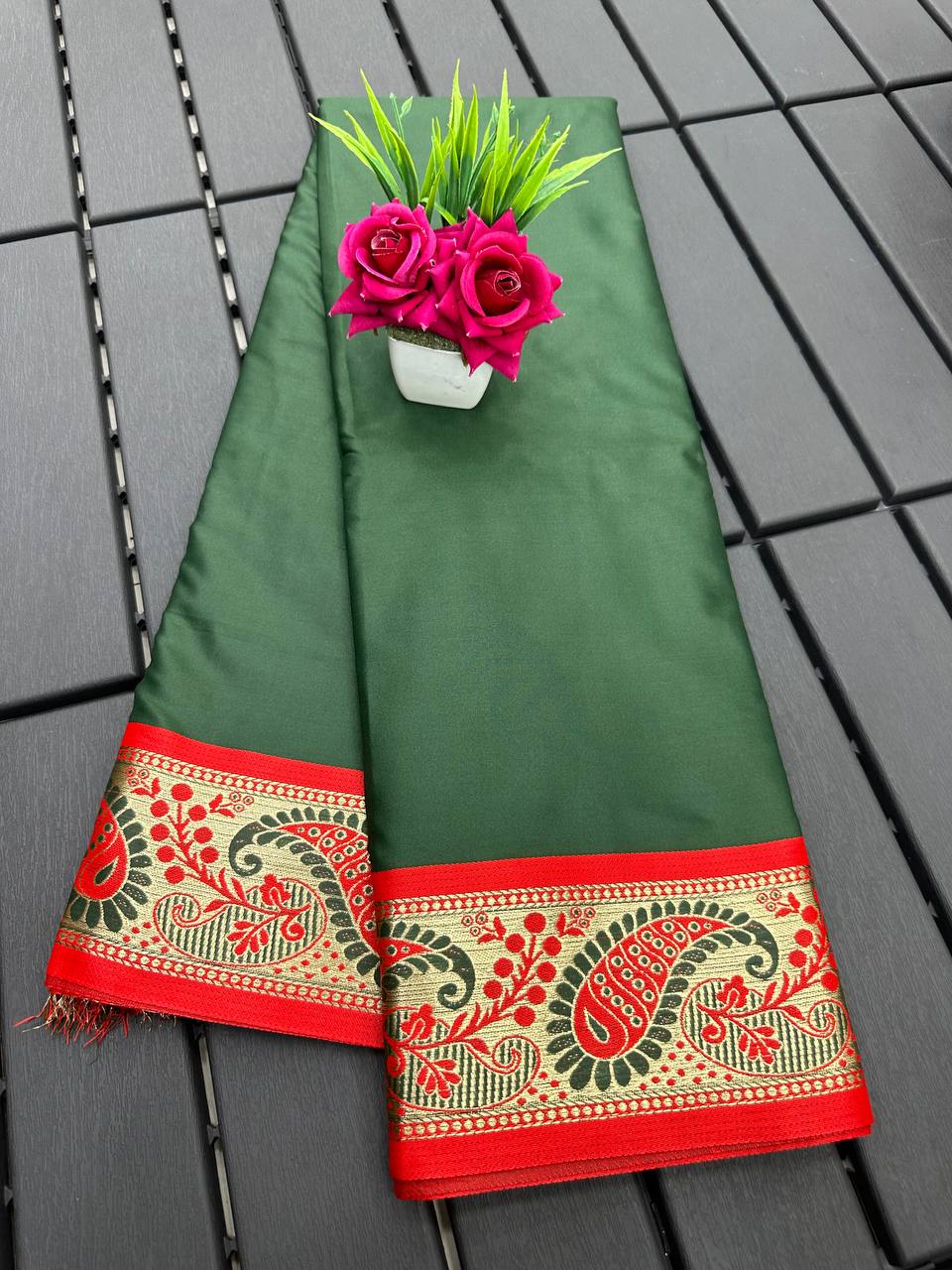 Green and Red Silver Copper Design Janvi Pure Silk Saree