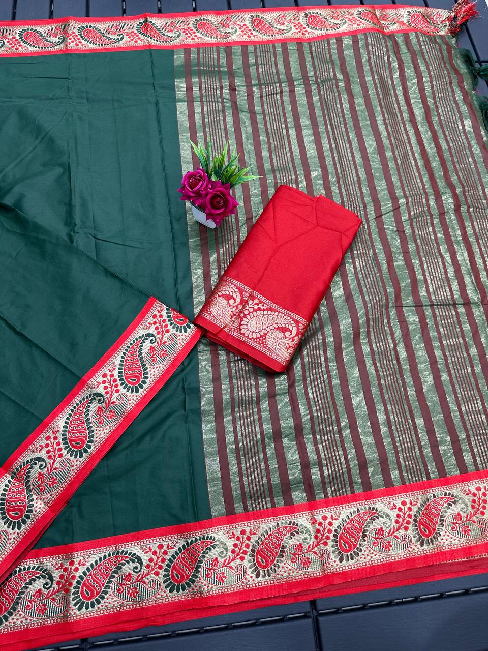 Green and Red Silver Copper Design Janvi Pure Silk Saree