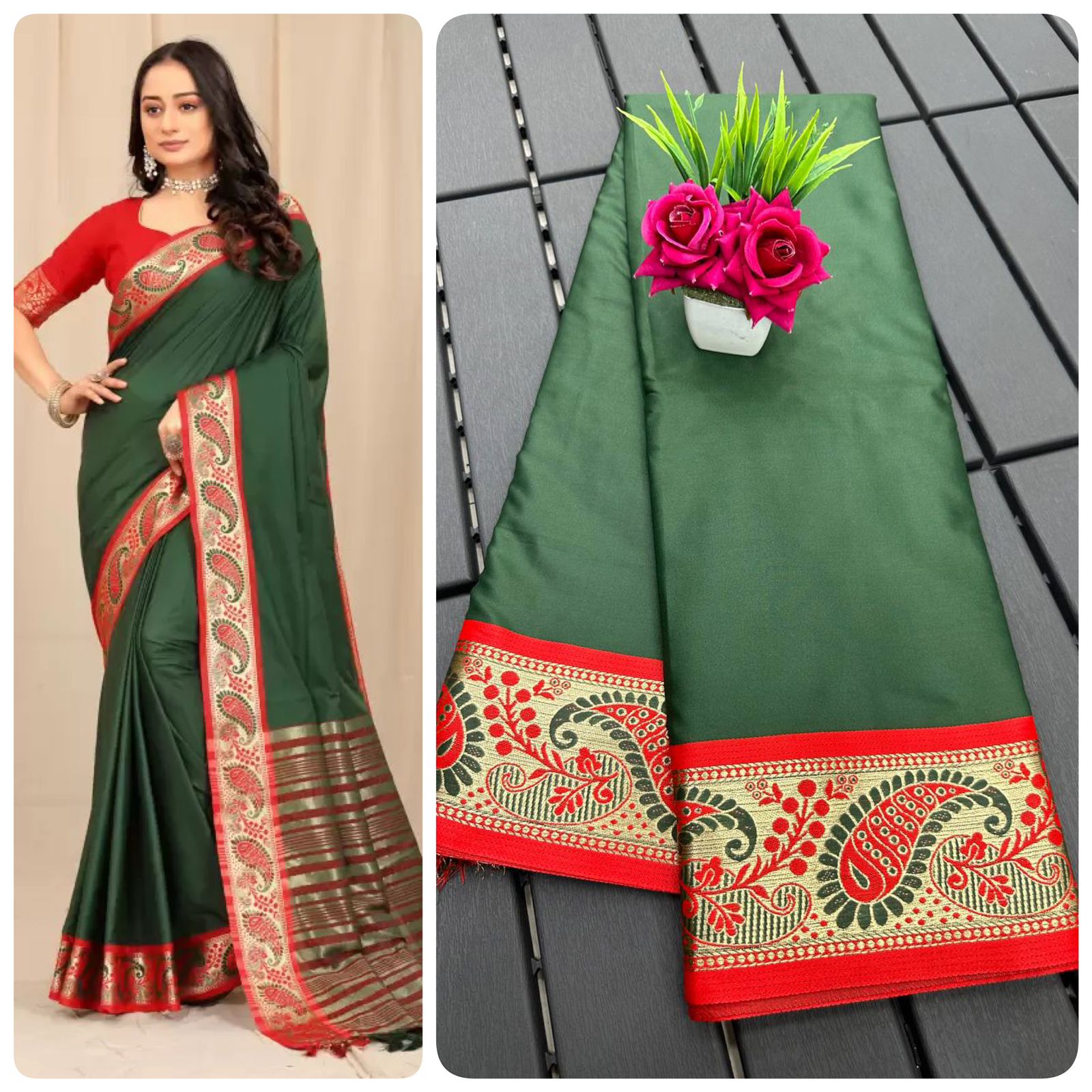 Green and Red Silver Copper Design Janvi Pure Silk Saree