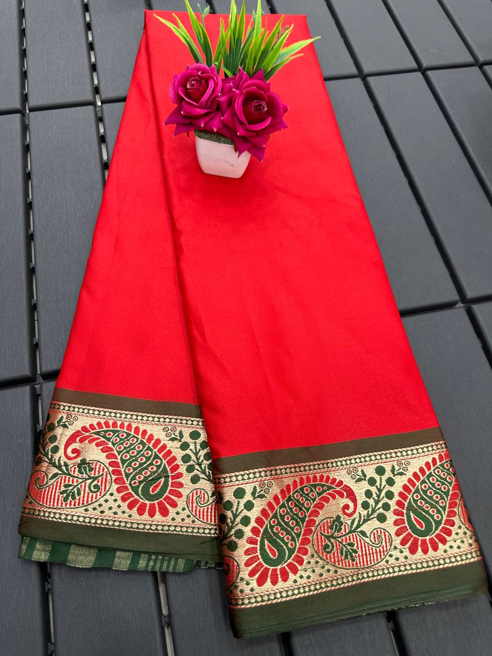 Red and Dark Green Silver Copper Design Janvi Pure Silk Saree