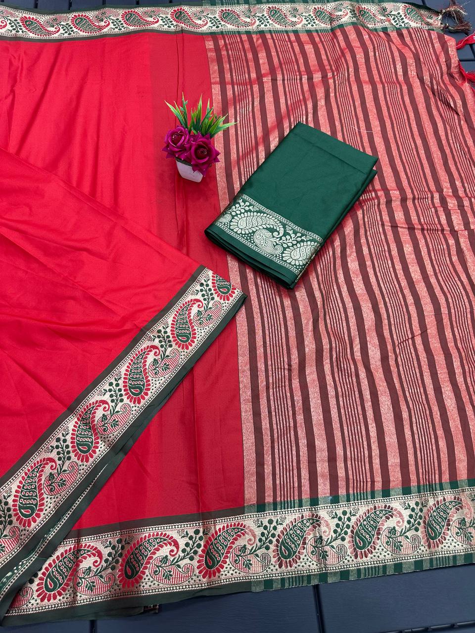 Red and Dark Green Silver Copper Design Janvi Pure Silk Saree