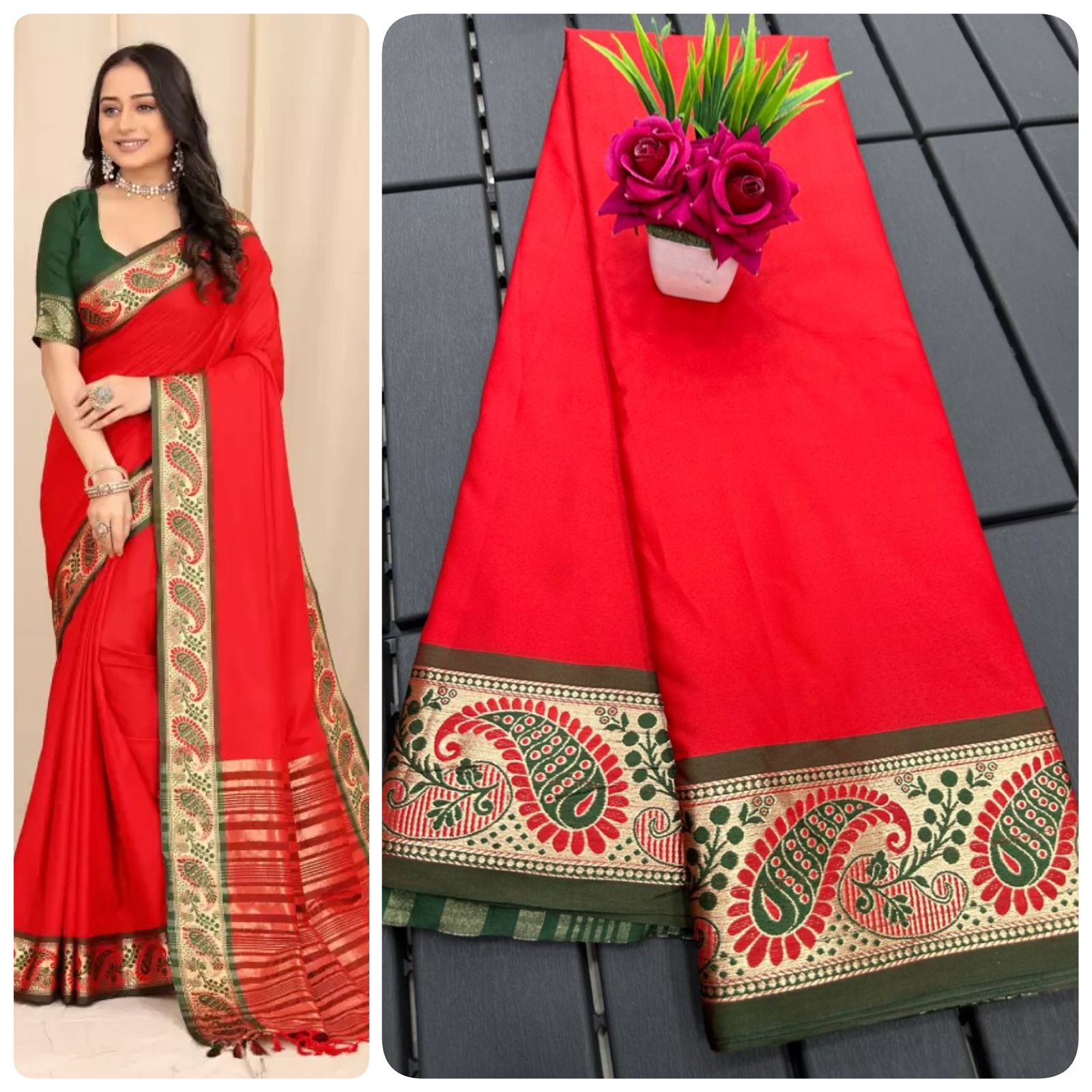 Red and Dark Green Silver Copper Design Janvi Pure Silk Saree