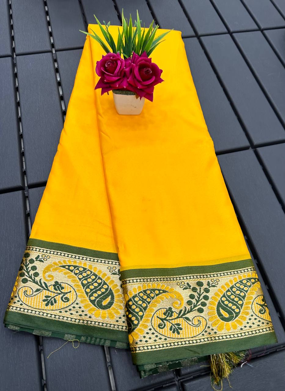 Yellow and Dark Green Silver Copper Design Janvi Pure Silk Saree