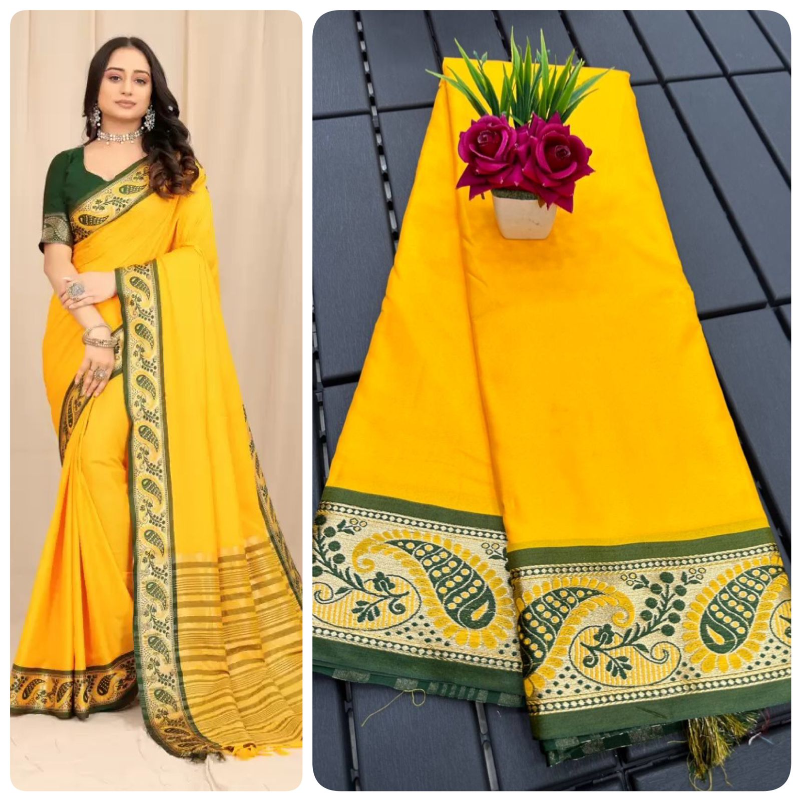 Yellow and Dark Green Silver Copper Design Janvi Pure Silk Saree