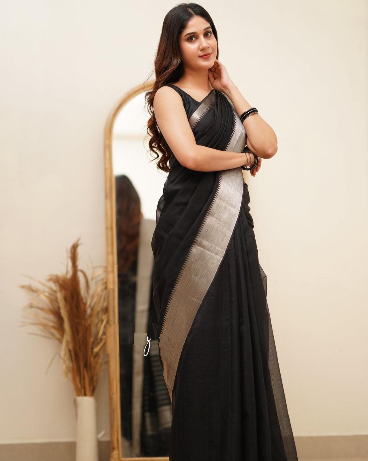 Black and Silver Boarder Kalindi Cotton Saree