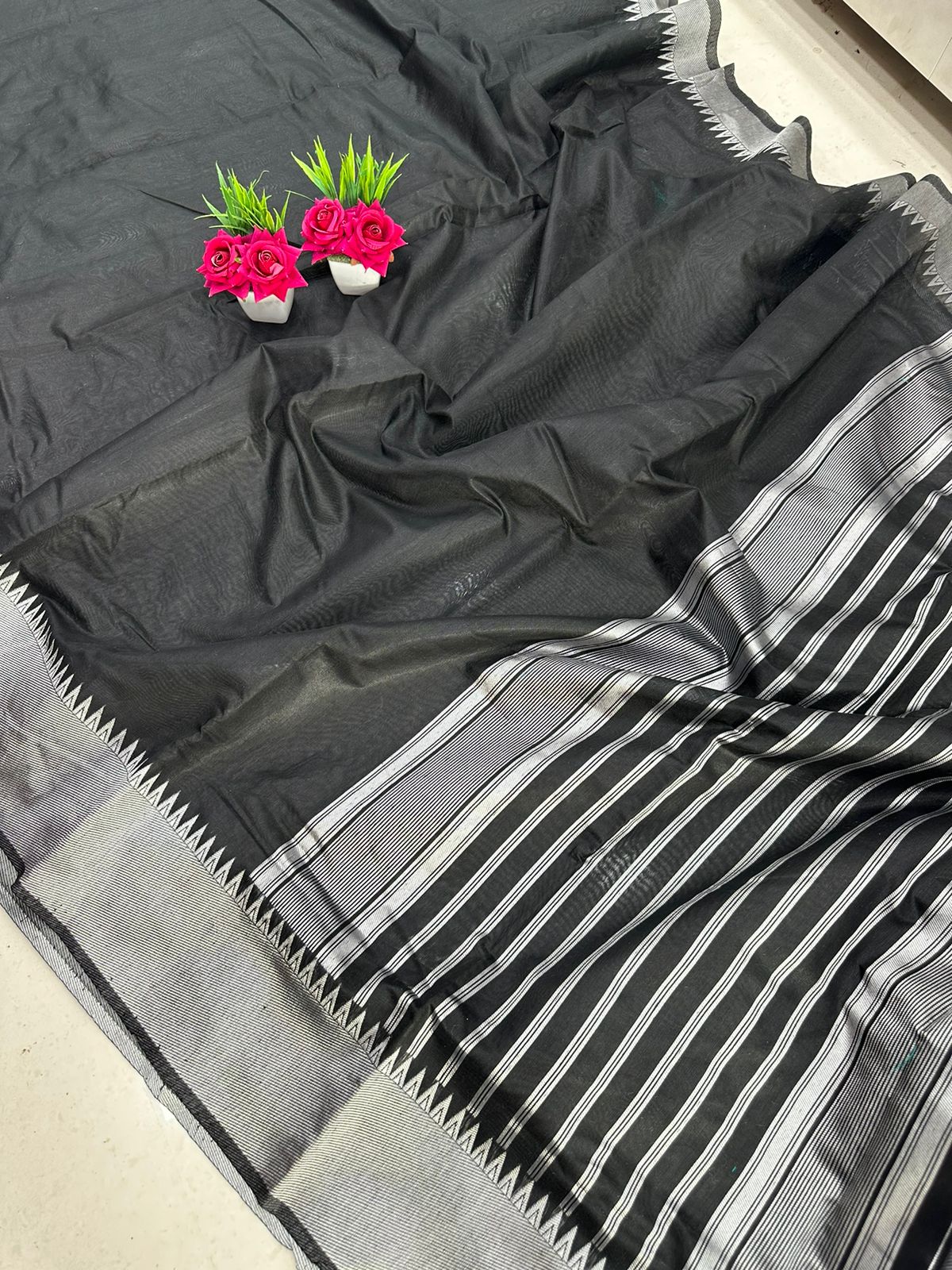 Black and Silver Boarder Kalindi Cotton Saree