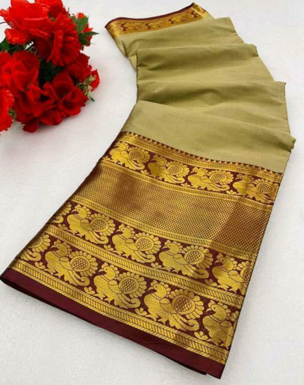 Beige Brown Golden Design Kamini Cotton Silk Saree