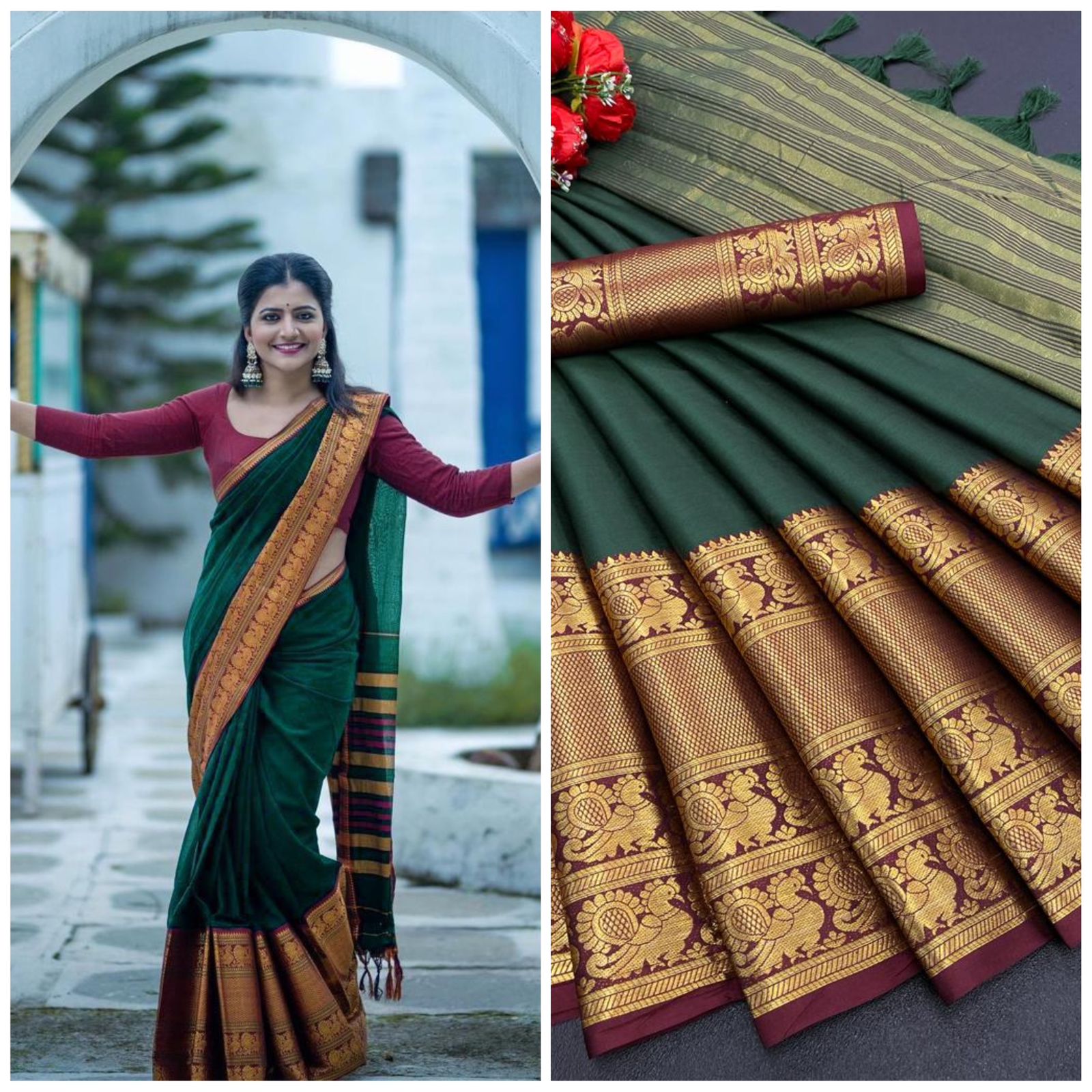 Green Brown Golden Design Kamini Cotton Silk Saree