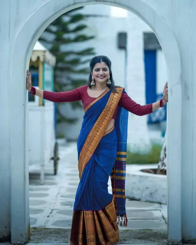 Royal Blue Brown Golden Design Kamini Cotton Silk Saree