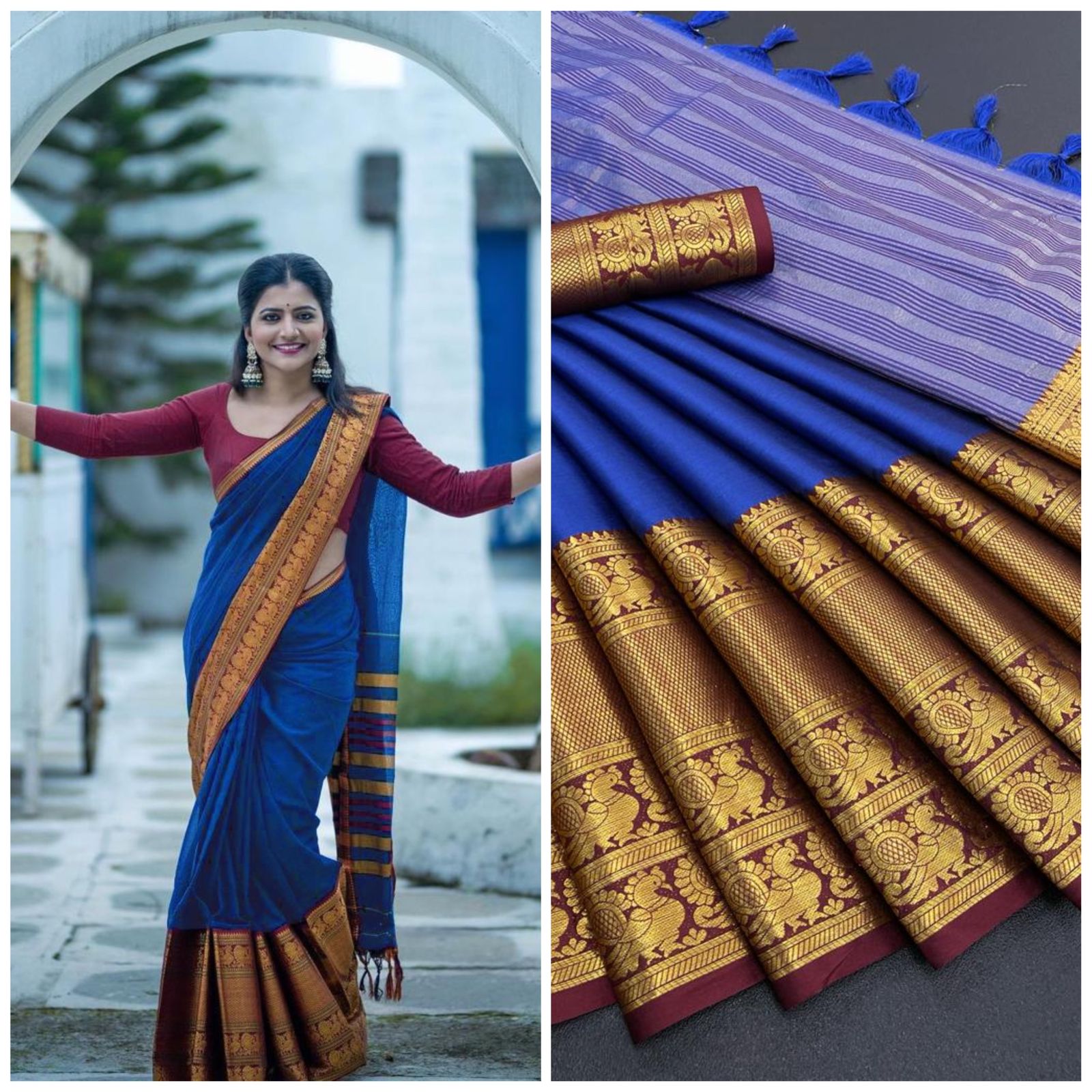 Royal Blue Brown Golden Design Kamini Cotton Silk Saree