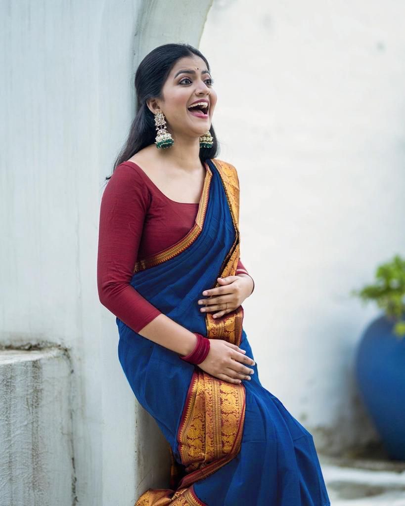 Royal Blue Brown Golden Design Kamini Cotton Silk Saree