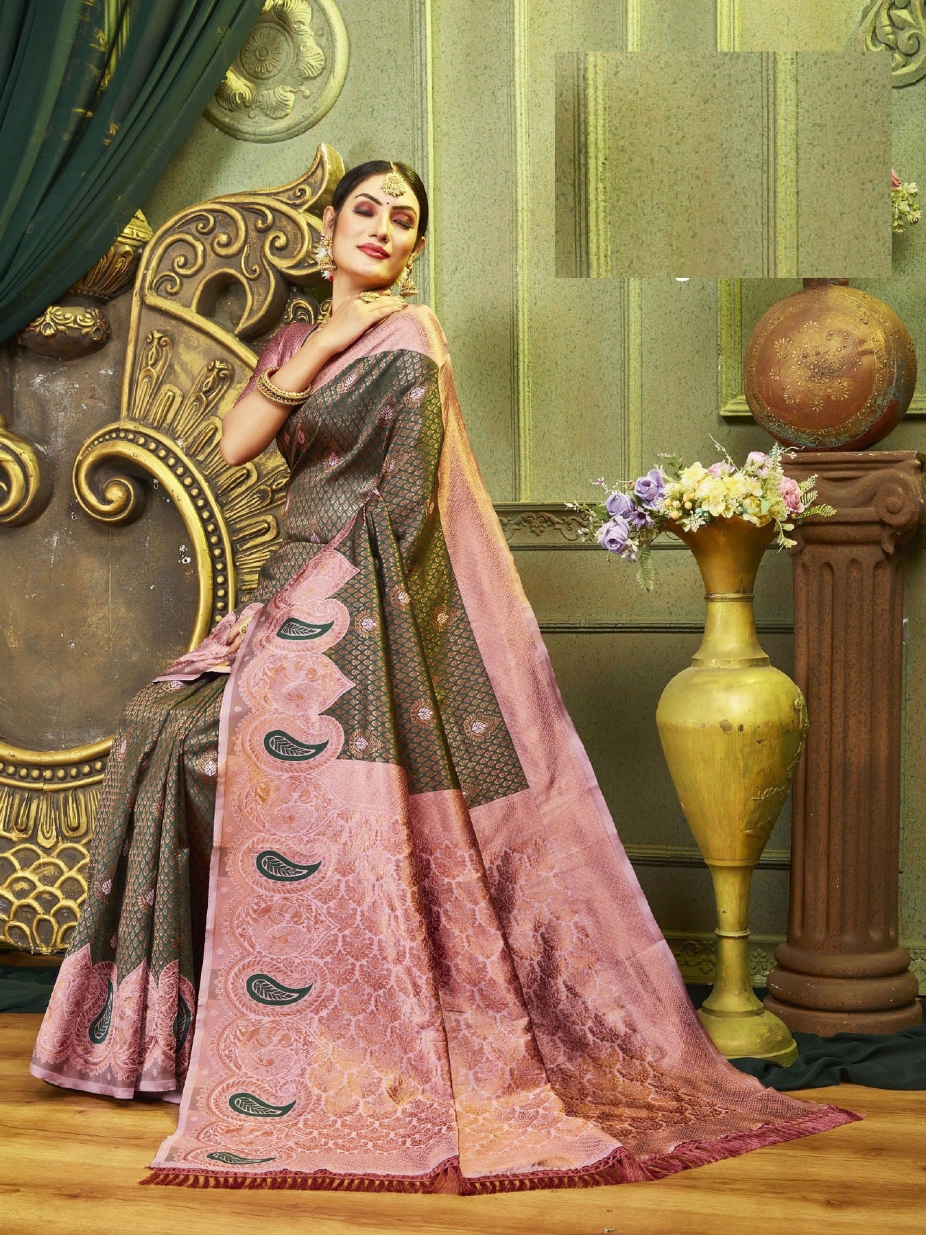 Green Peach Designer Kangen Italian Silk Saree