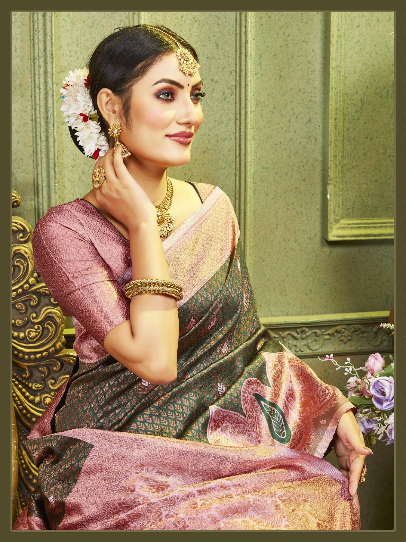 Green Peach Designer Kangen Italian Silk Saree