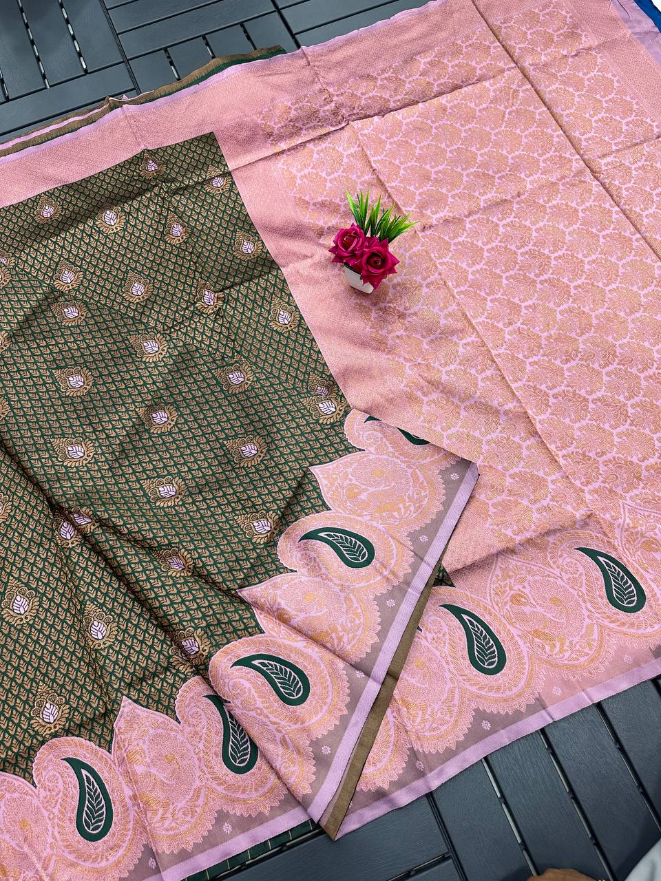 Green Peach Designer Kangen Italian Silk Saree