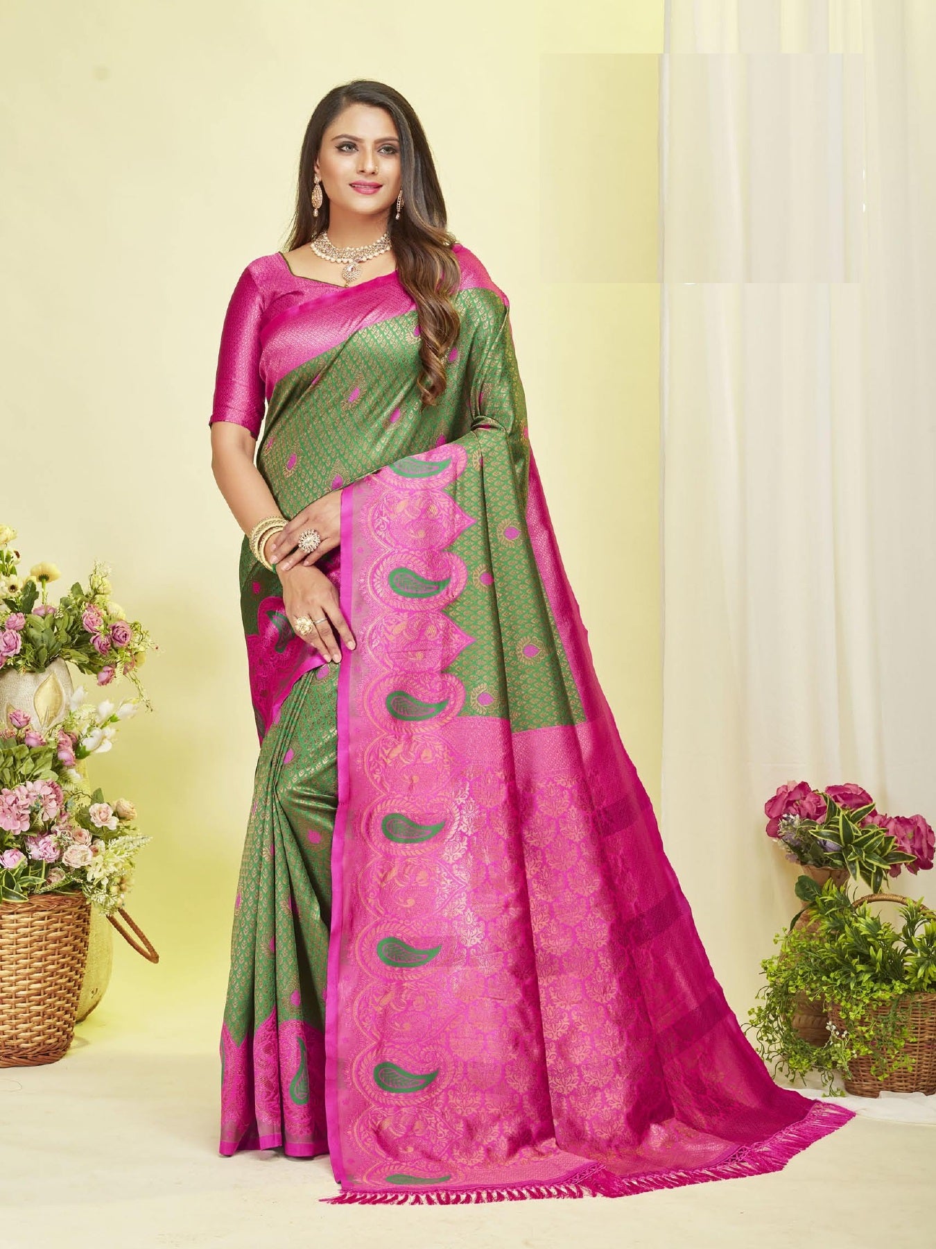 Green Pink Designer Kangen Italian Silk Saree