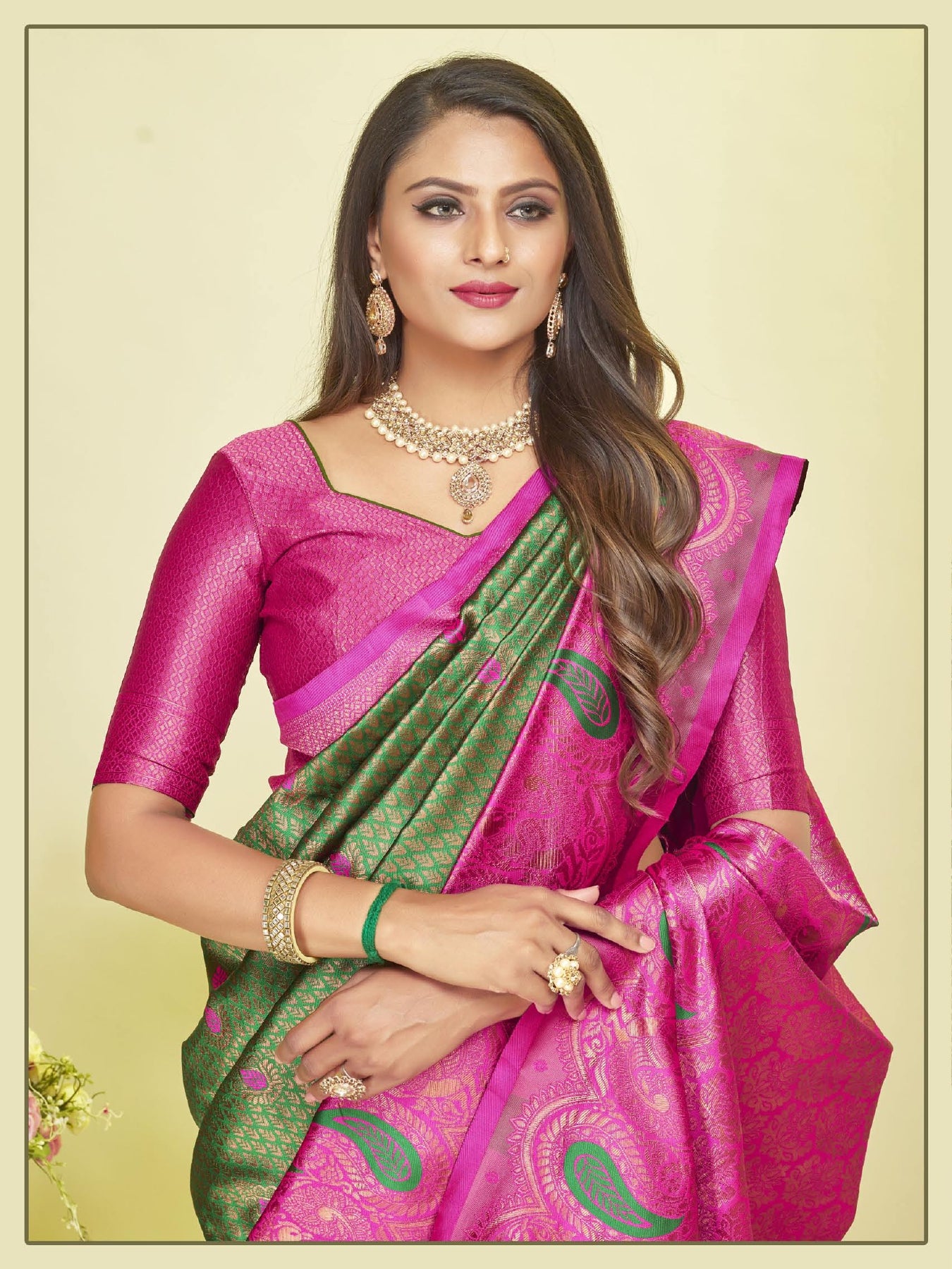 Green Pink Designer Kangen Italian Silk Saree