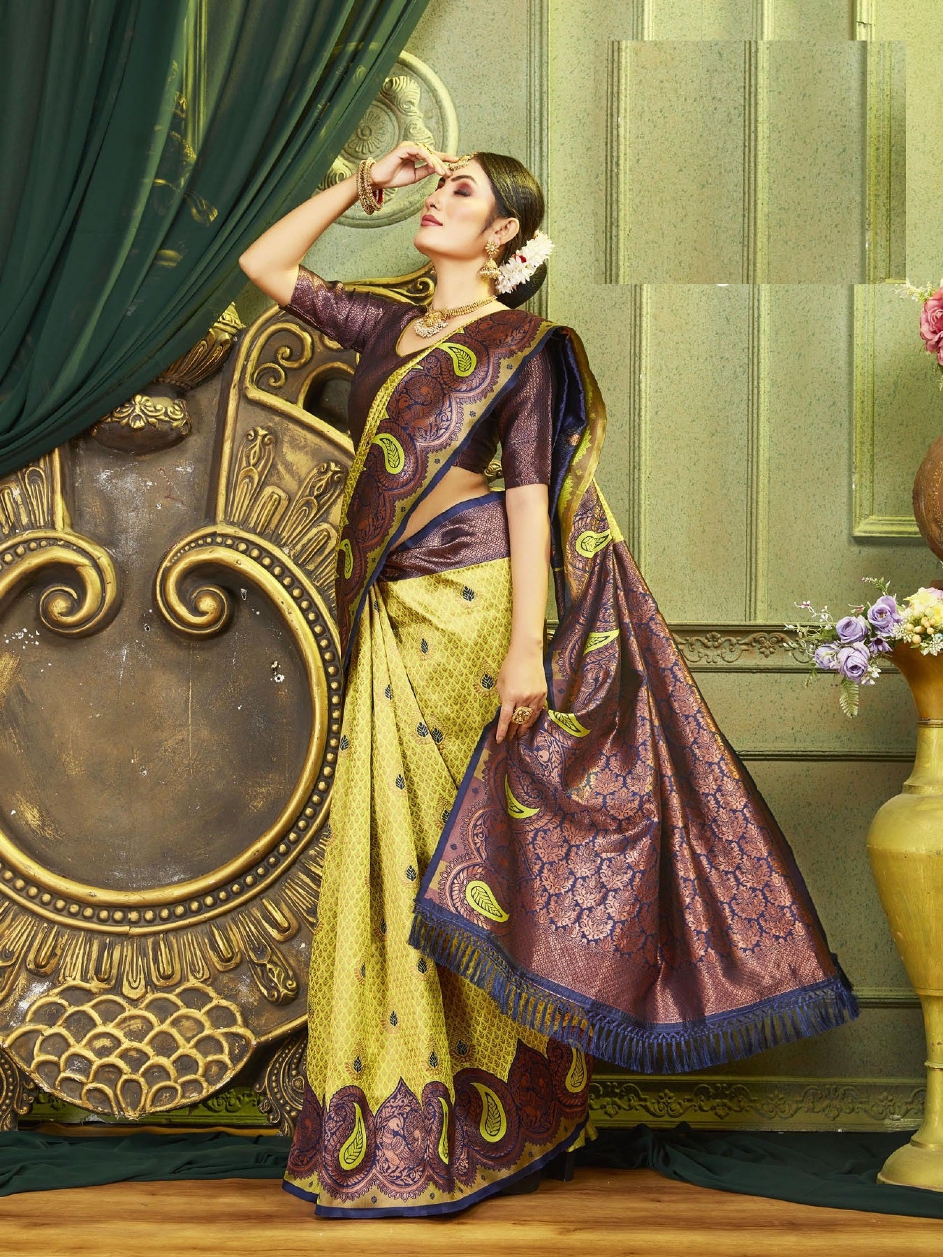 Pista Blue Peach Designer Kangen Italian Silk Saree