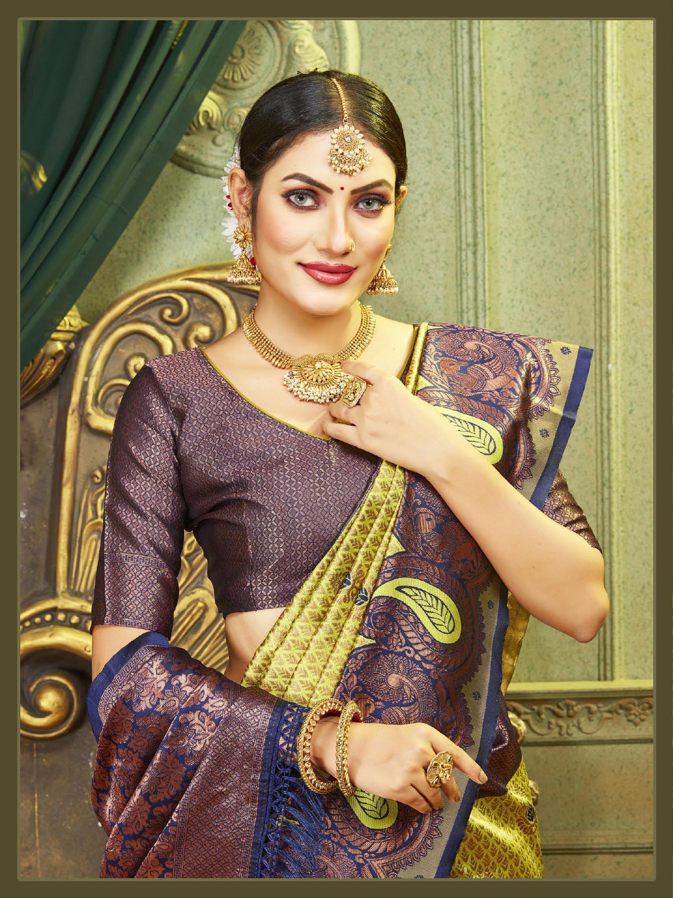 Pista Blue Peach Designer Kangen Italian Silk Saree