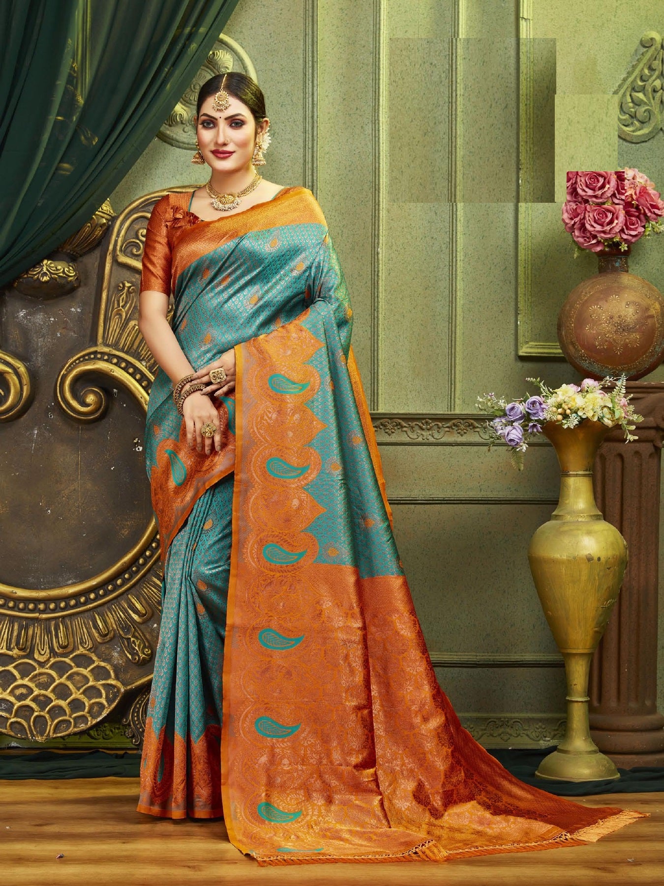 Rama Orange Designer Kangen Italian Silk Saree