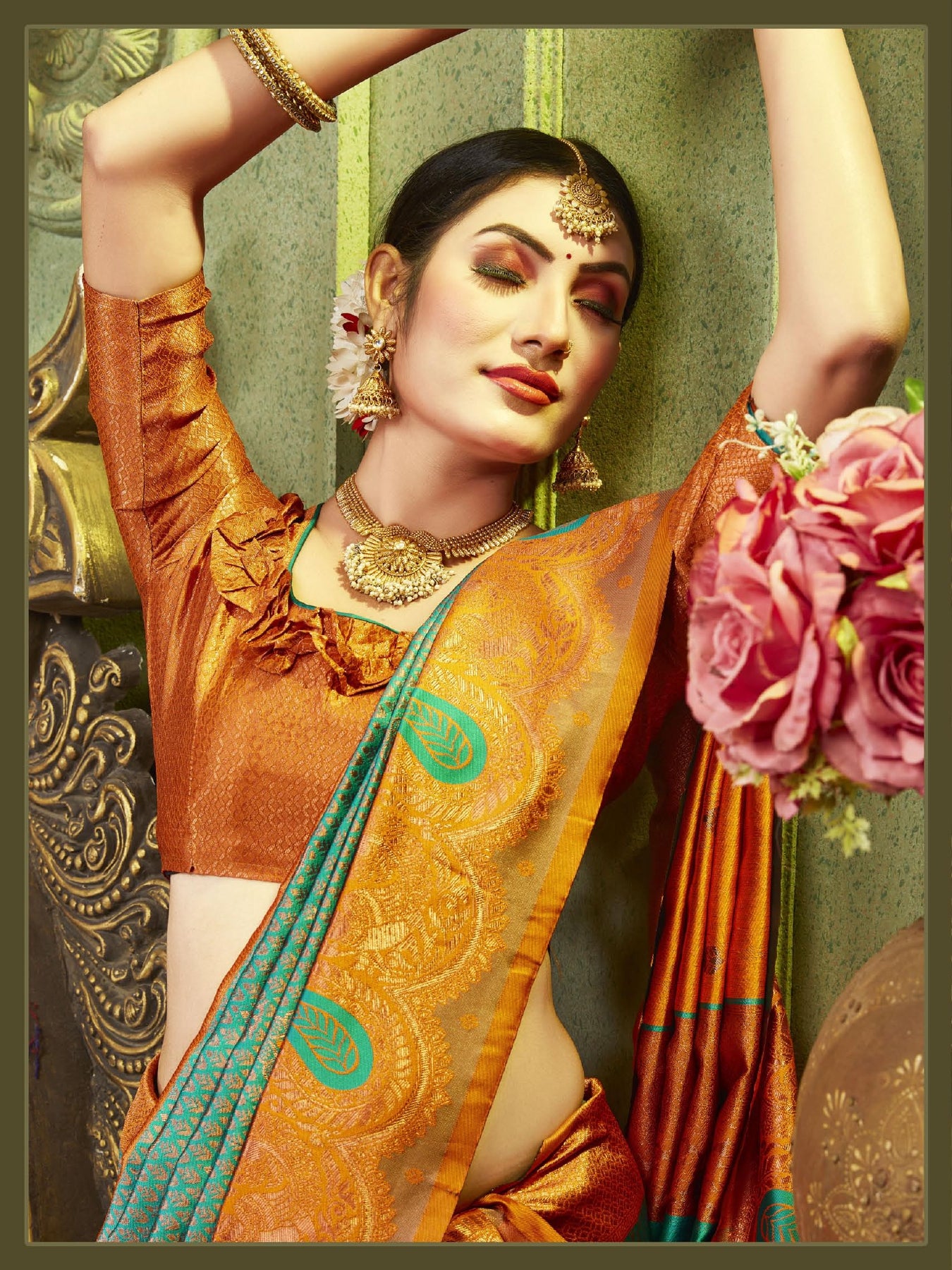 Rama Orange Designer Kangen Italian Silk Saree