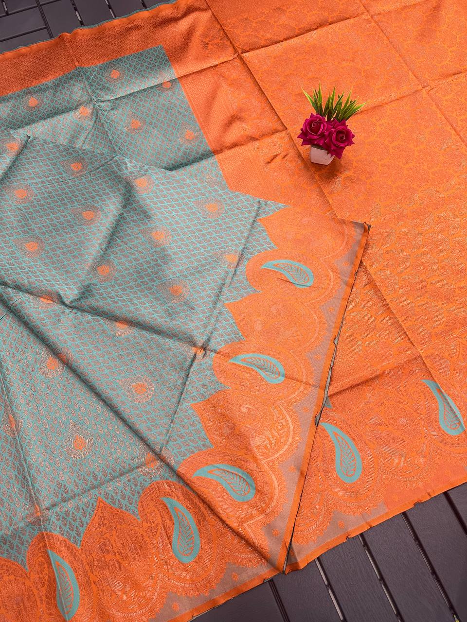 Rama Orange Designer Kangen Italian Silk Saree