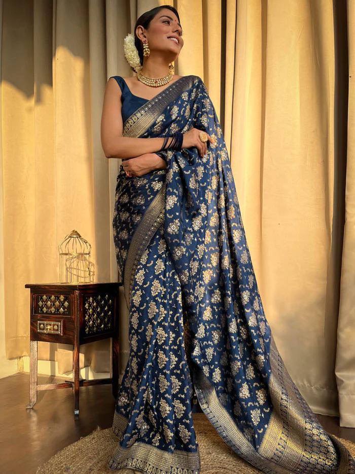 Blue and Copper Design Kashmiri Italian Silk Saree