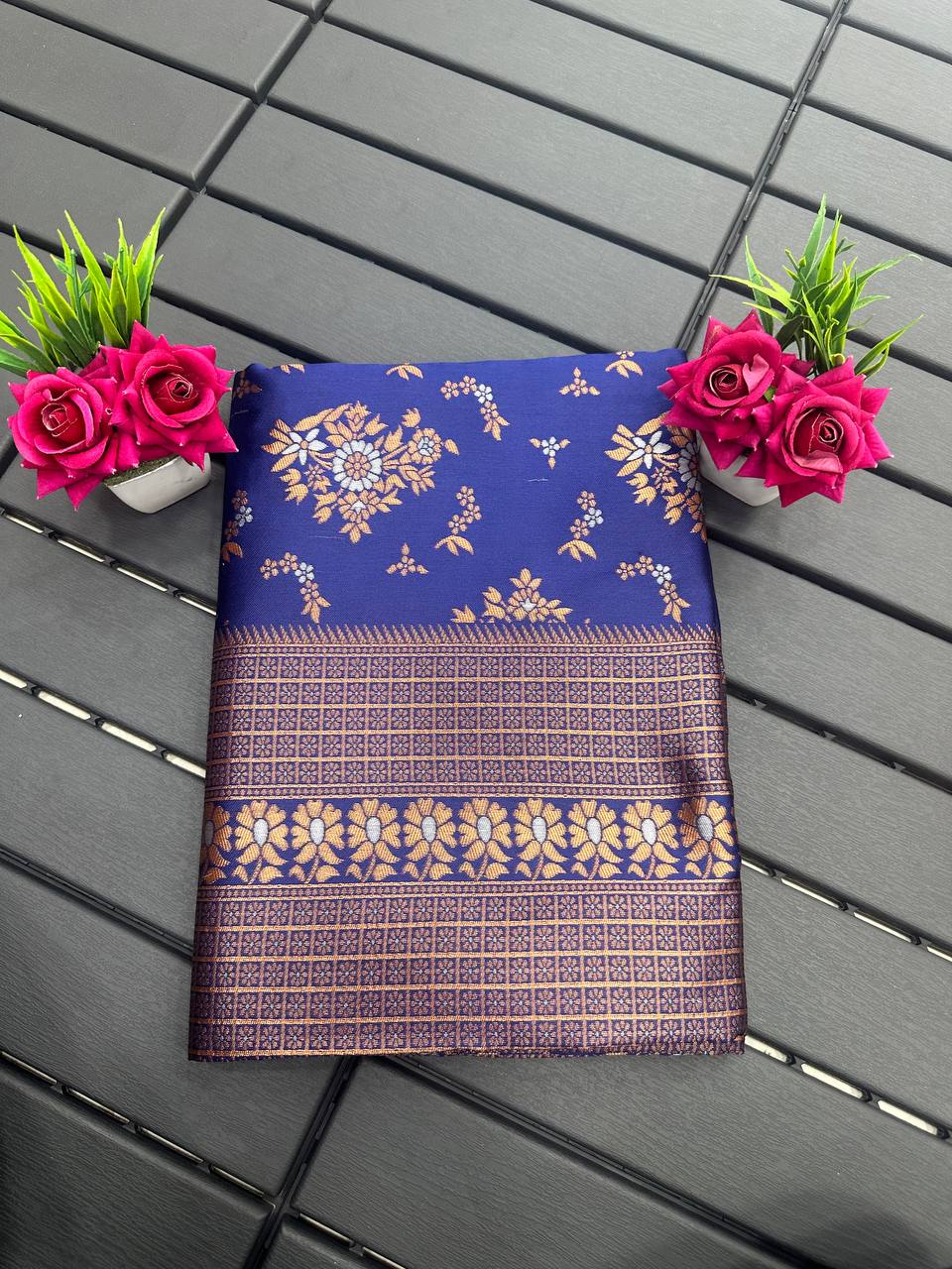 Blue and Copper Design Kashmiri Italian Silk Saree